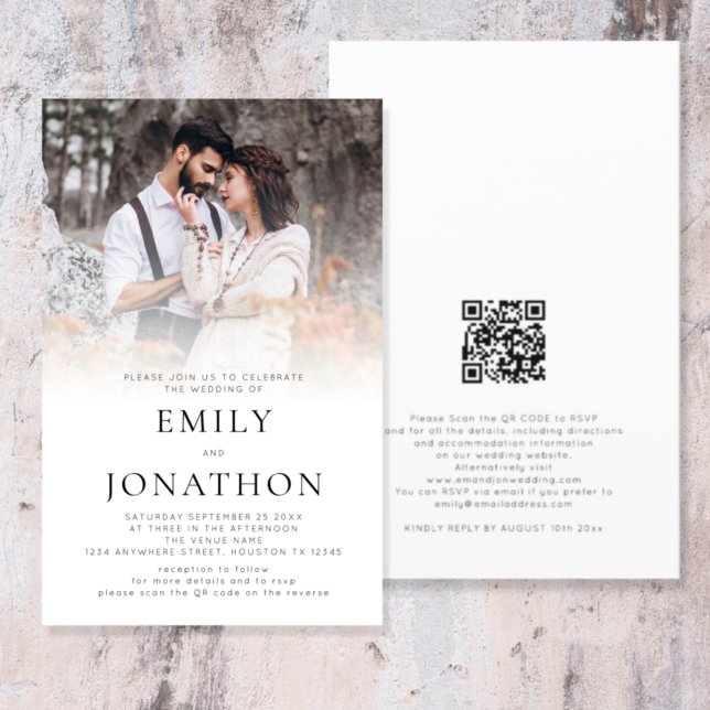 Papier Budget Simple Photo QR Code Mariage Invitation (Front and back view. Part of a large wedding collection of matching stationery and accessories)