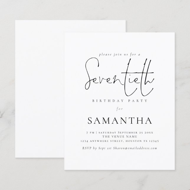 Papier Budget Simple Script 70e anniversaire Invitation d (Devant / Derrière)