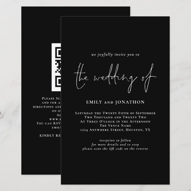 Papier Budget Simple Script QR Code Black Wedding Invitat (Devant / Derrière)