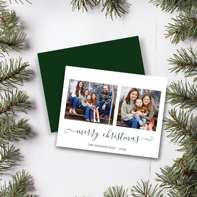 Papier BUDGET Simple Script vert Joyeux Noël Photo (BUDGET Simple Green Script Merry Christmas Photo Card)