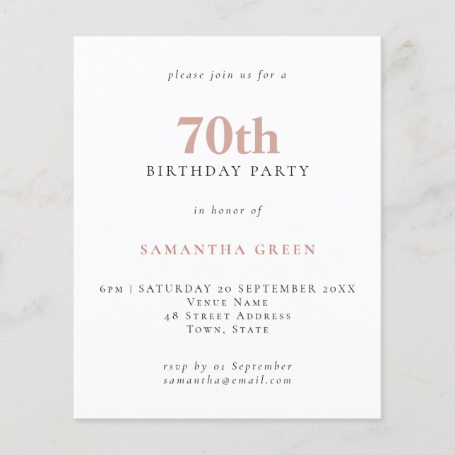 Papier Budget Simple Texte Blush 70e Invitation anniversa (Devant)