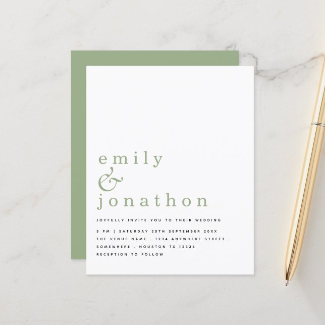 Papier Budget Simple Texte Sage Vert Faire-part de mariag (Devant/Arrière en situation)