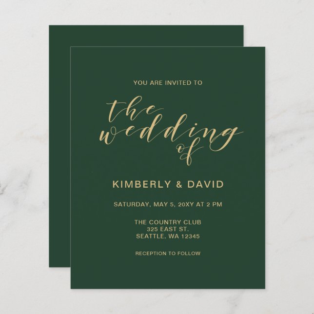 Papier Budget Simple Vert et Or Faire-part de mariage (Devant / Derrière)
