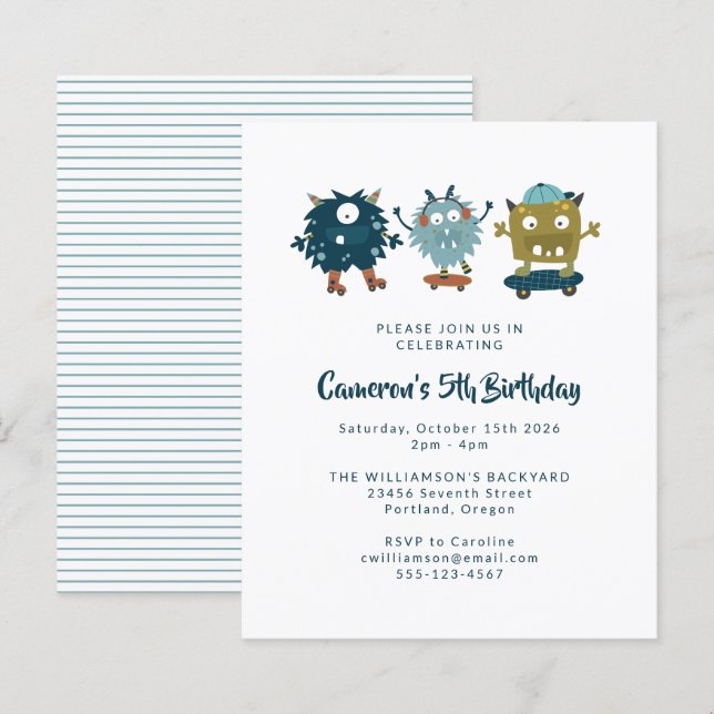 Papier Budget Skateboard Monsters 5e anniversaire Invitat (Devant / Derrière)