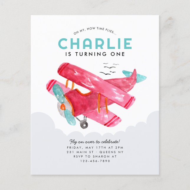Papier Budget Sky Cloud Aquarelle rouge Avion Anniversair (Devant)