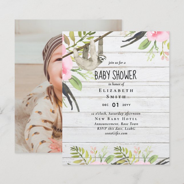 Papier BUDGET Sloth PHOTO BÉBÉ Événement Invitation Girl  (Devant / Derrière)