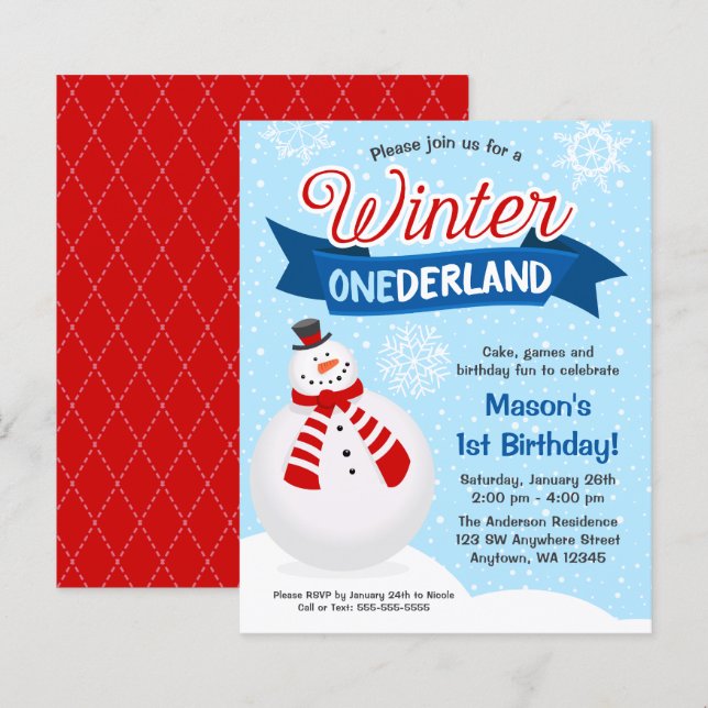 Papier Budget Snowman Boy Winter ONE derland 1er annivers (Devant / Derrière)