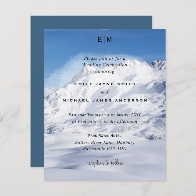Papier Budget Snowy Mountain Alps Ski Wedding Invite (Devant / Derrière)