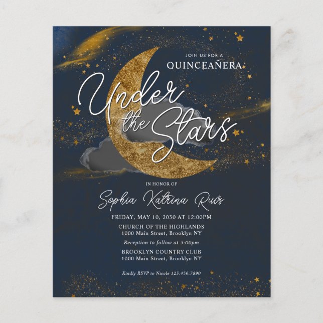 Papier Budget sous les étoiles Bleu Or Lune Quinceanera (Devant)