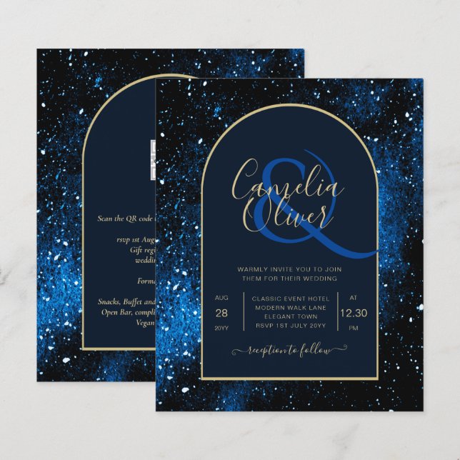 Papier BUDGET Starry Night Marine Blue Gold Wedding INVIT (Devant / Derrière)