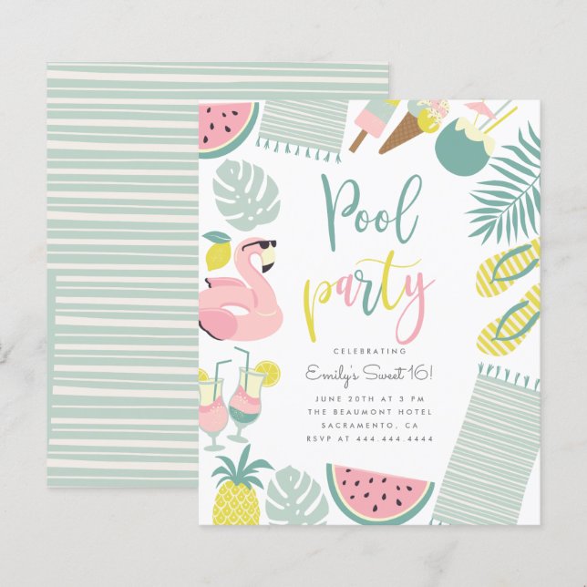 Papier Budget Summer Pool Party Script Sweet 16 Anniversa (Devant / Derrière)