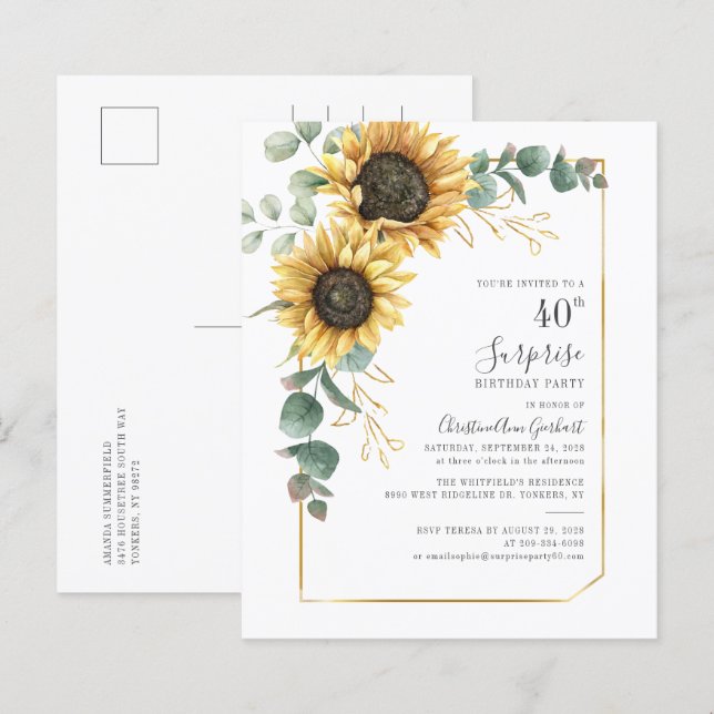 Papier Budget Sunflower 40e anniversaire Invitation de fê (Devant / Derrière)