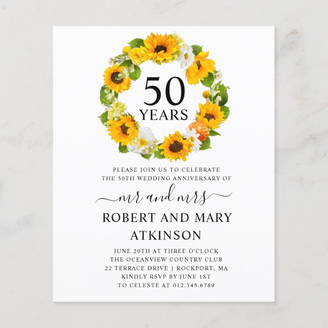 Papier Budget Sunflower 50e anniversaire Invitation (Devant)