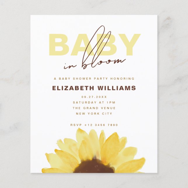 Papier Budget Sunflower Baby in Bloom Shower Party (Devant)