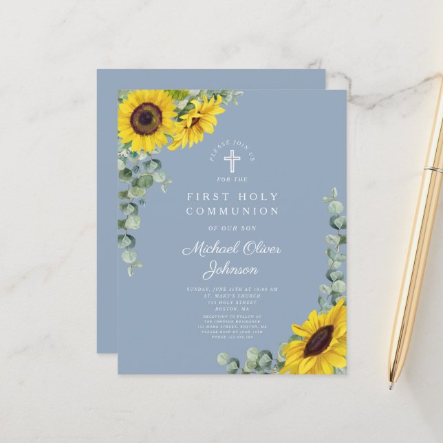 Papier Budget Sunflower Eucalyptus Blue First Communion (Devant/Arrière en situation)