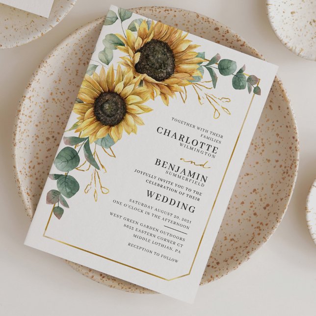 Papier Budget Sunflower Eucalyptus Floral Mariage Invitat (Sunflower Eucalyptus Typography Botanical Wedding Invitation)