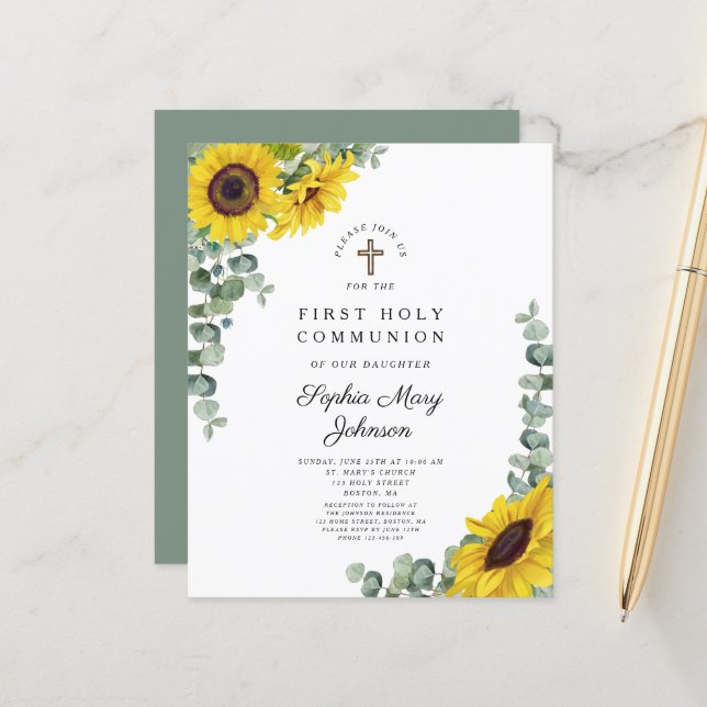 Papier Budget Sunflower Eucalyptus Premier Invitation com (Devant/Arrière en situation)
