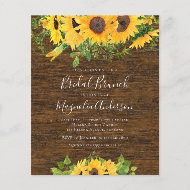 Papier Budget Sunflower Fête des mariées Brunch Invitatio (Devant)