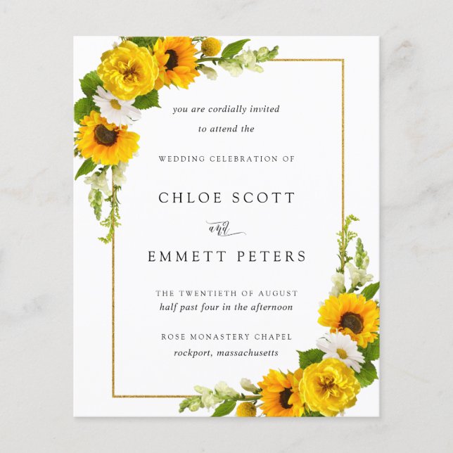 Papier Budget Sunflower Floral Russe Faire-part de mariag (Devant)