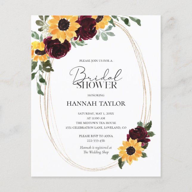 Papier Budget Sunflower Roses Invitation de douche nuptia (Devant)
