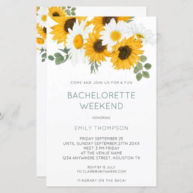 Papier Budget Sunflower Weekend Bachelorette Invitation (Devant / Derrière)