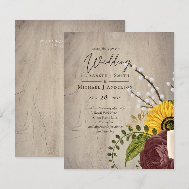 Papier BUDGET Sunflowers Bourgogne Marsala Mariage Invita (Devant / Derrière)