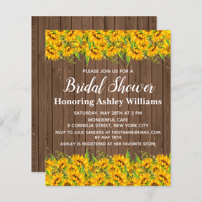 Papier Budget Sunflowers Bridal Showings Invitations Bois (Devant / Derrière)