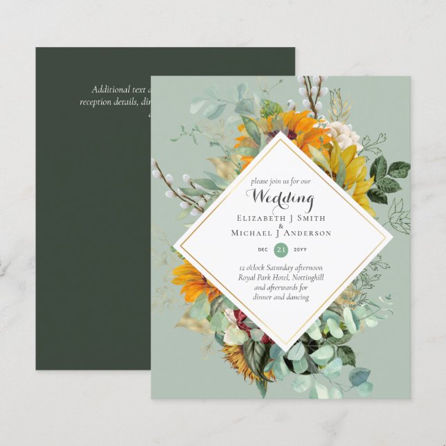 Papier Budget Sunflowers Greenery Mariage Invite (Devant / Derrière)