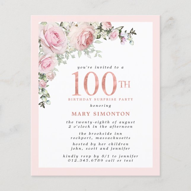 Papier BUDGET SURPRISE 100e anniversaire fête rose floral (Devant)