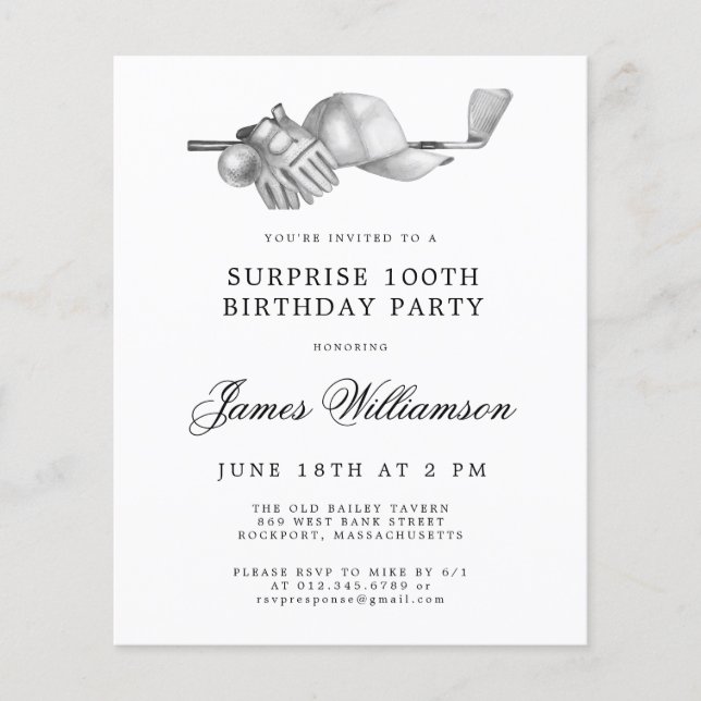 Papier BUDGET Surprise Golf 100e anniversaire Invitation (Devant)
