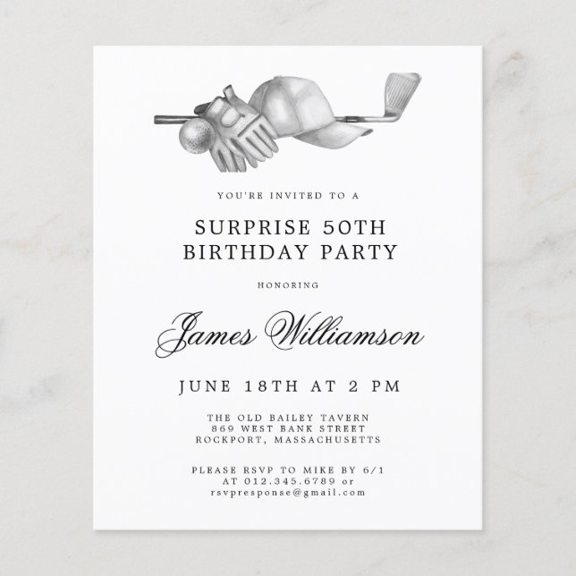 Papier BUDGET Surprise Golf 50e anniversaire Invitation (Devant)
