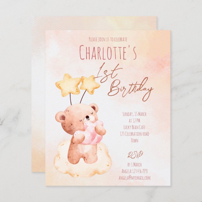 Papier Budget Sweddy ours en peluche fête d'anniversaire  (Devant / Derrière)