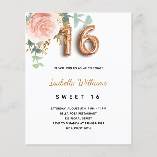 Papier Budget Sweet 16 16e rose fleuri en or eucalyptus (Devant)