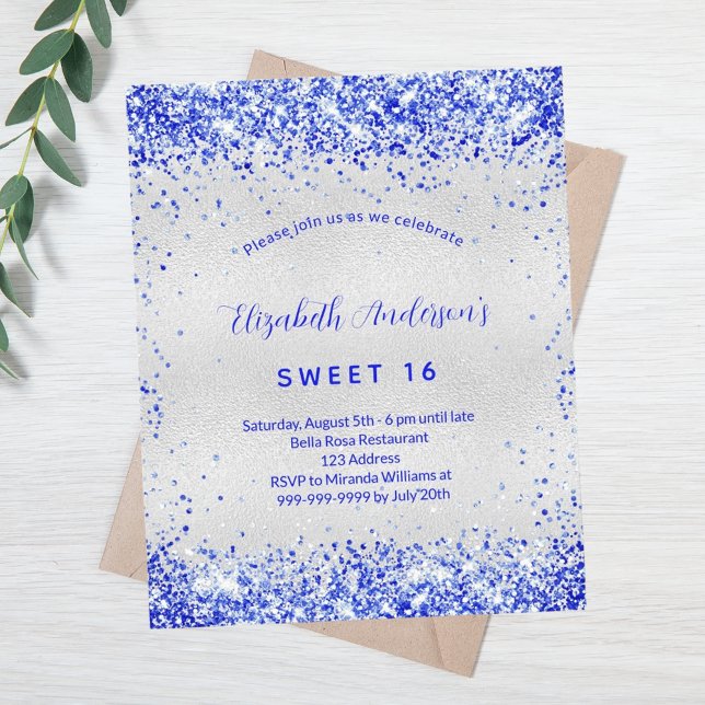 Papier Budget Sweet 16 argent royal bleu invitation (Créateur téléchargé)