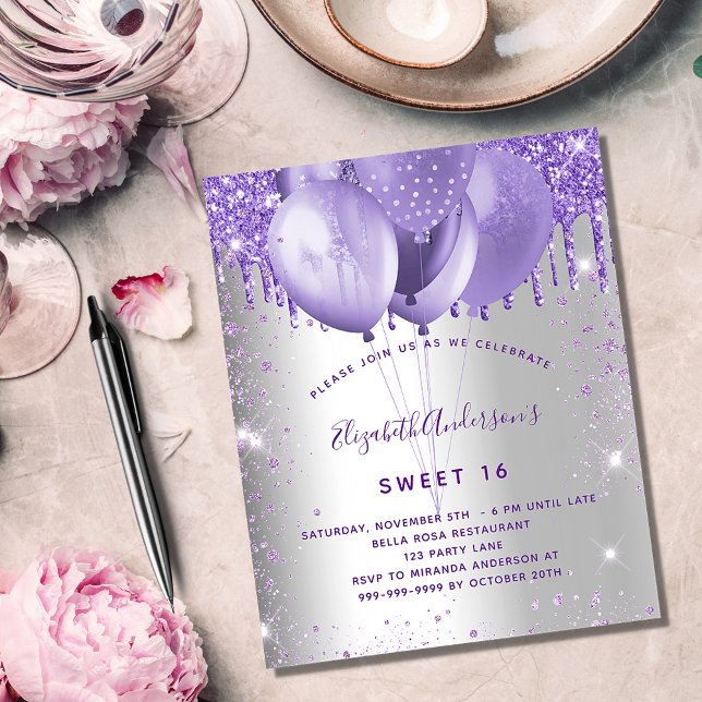 Papier Budget Sweet 16 argent violet invitation (Créateur téléchargé)