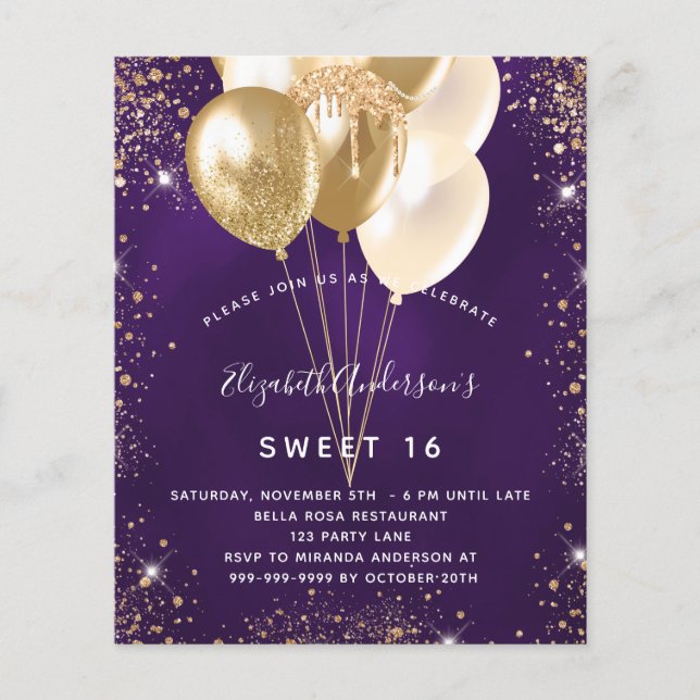 Papier Budget Sweet 16 ballons de parties scintillant en  (Devant)
