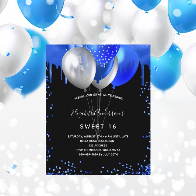 Papier Budget Sweet 16 black royal bleu invitation (Créateur téléchargé)