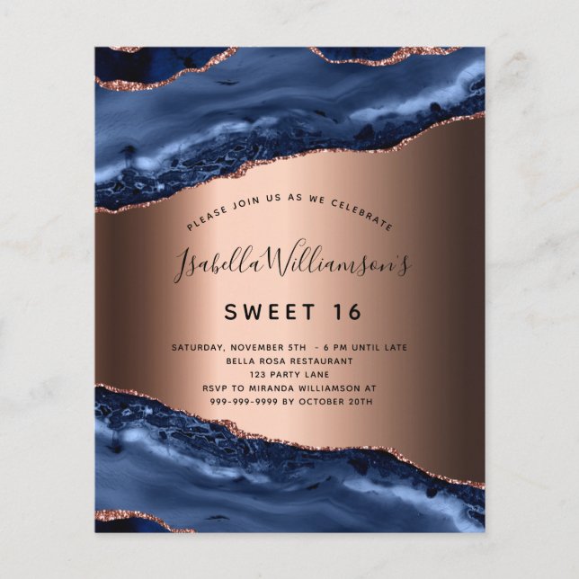 Papier Budget Sweet 16 bleu agate rose or invitation (Devant)