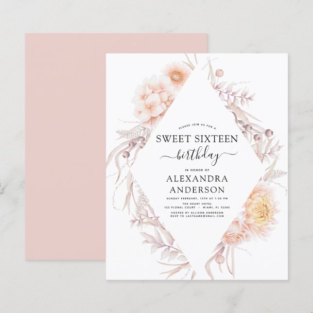 Papier Budget Sweet 16 Boho Dusty rose Floral Anniversair (Devant / Derrière)