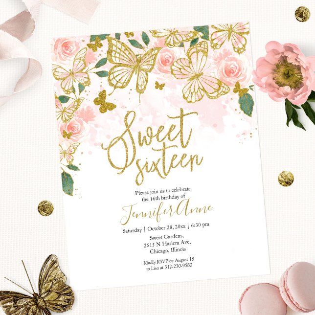Papier Budget Sweet 16 Butterfly Invitation Blush Floral (Créateur téléchargé)