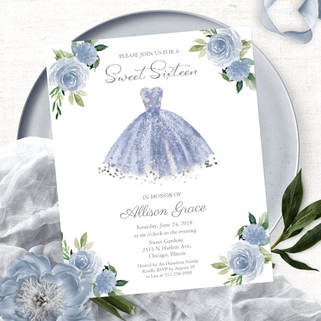Papier Budget Sweet 16 Invitation Argent Dusty Blue Gown (Créateur téléchargé)