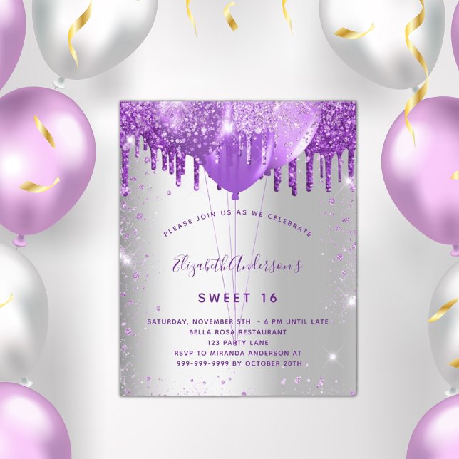 Papier Budget Sweet 16 invitation argent violet (Créateur téléchargé)