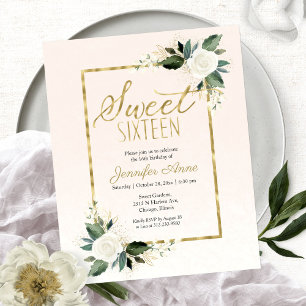 Papier Budget Sweet 16 Invitation Blanc Blush Floral
