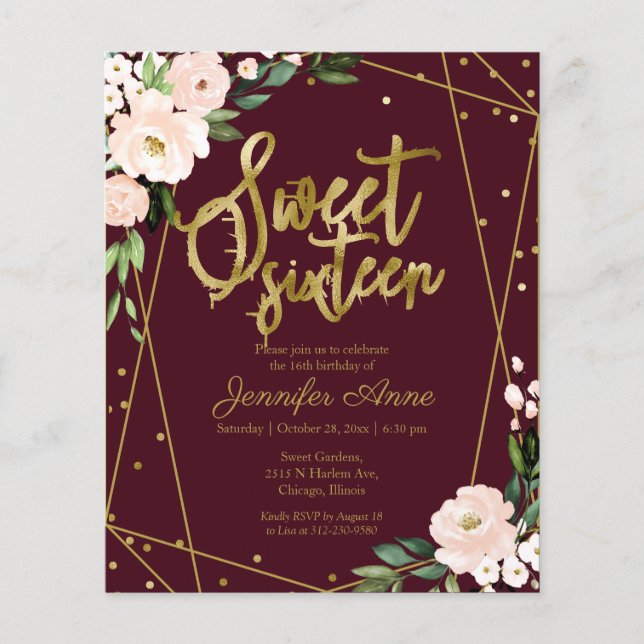 Papier Budget Sweet 16 Invitation Or Bourgogne Floral (Devant)