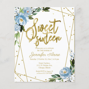 Papier Budget Sweet 16 Invitation Or Dusty Blue Floral