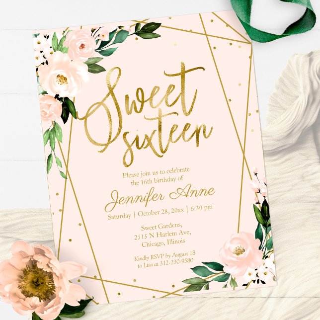Papier Budget Sweet 16 Invitation Or Rose Blush Floral (Créateur téléchargé)