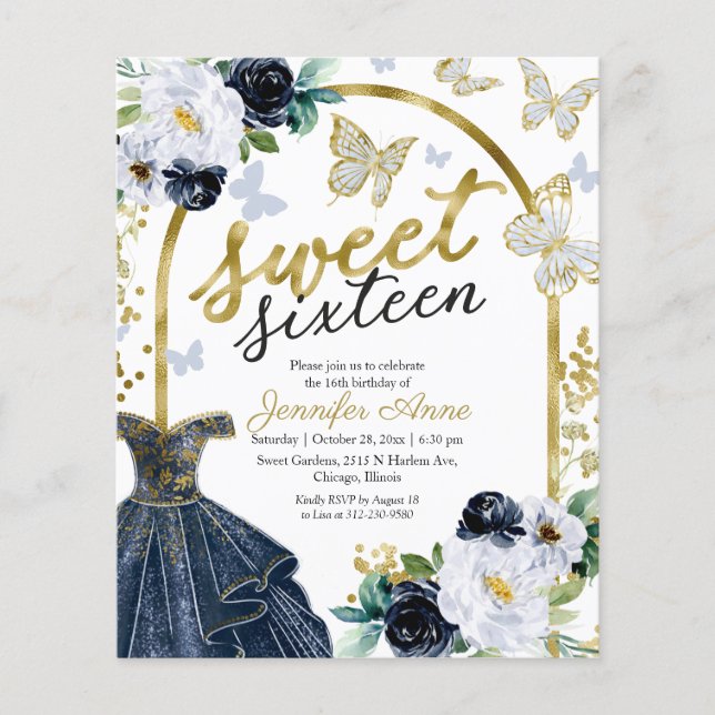 Papier Budget Sweet 16 Invitation Robe Florale Papillon (Devant)