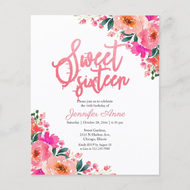 Papier Budget Sweet 16 Invitations Hot Rose Floral (Devant)