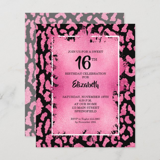 Papier Budget Sweet 16 léopard rose Invitations d'anniver (Devant / Derrière)