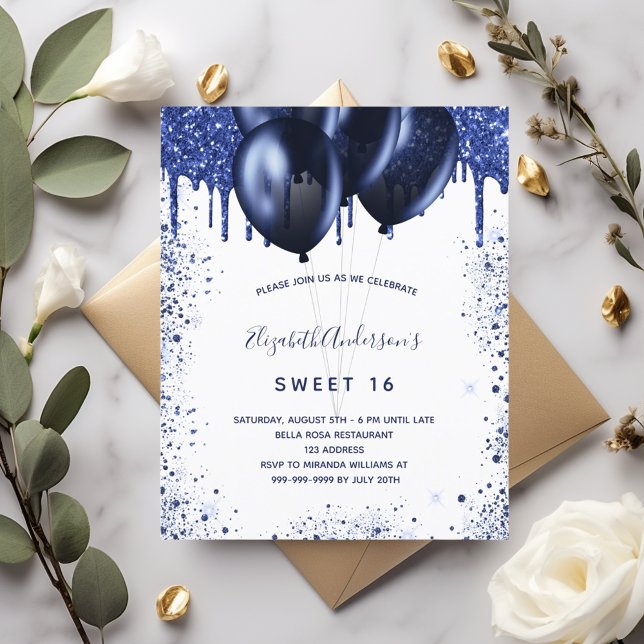Papier Budget Sweet 16 marine bleu blanc invitation (Créateur téléchargé)
